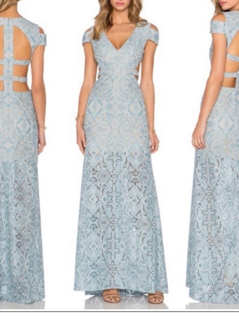 BCBGMaxAzria Powder Blue Lace Maxi Dress with Cutout Back